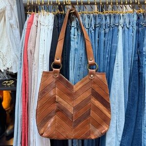 Chevron Pattern Brown Leather Tote Bag